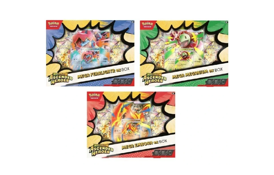 Pokémon TCG: Mega Evolution—Ascended Heroes Mega Meganium ex, Mega Emboar ex, and Mega Feraligatr ex Boxes
